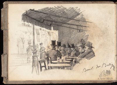 Udecafé i Paris, Boulevard des Batignolles, side fra Järnefeltas skitsebog af Eero Järnefelt