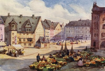 Rhinen: Markedspladsen, Mainz, Mayence (farvelitografi) af Effie Jardine