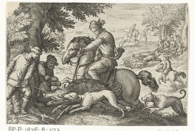 Bakket landskab med vildsvinejagt Jagtscener (serietitel) Ikoner Venantum Art Varias Representantes (serietitel) af Egbert Jansz.