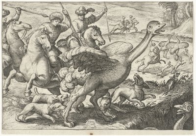 Landskab med strudsejagt Jagtscener (serietitel) Ikoner Venantum Art Varias Representantes (serietitel) af Egbert Jansz.