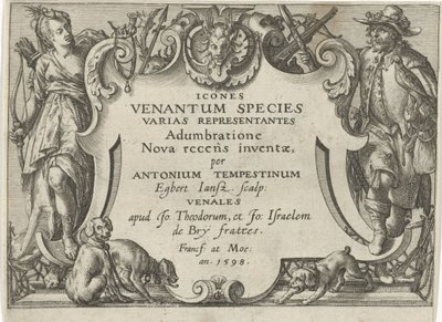 Titeltryk til en serie med jagtscener Jagtscener (serietitel) Ikoner Venantum Art Varias Representantes (serietitel på objekt) af Egbert Jansz.