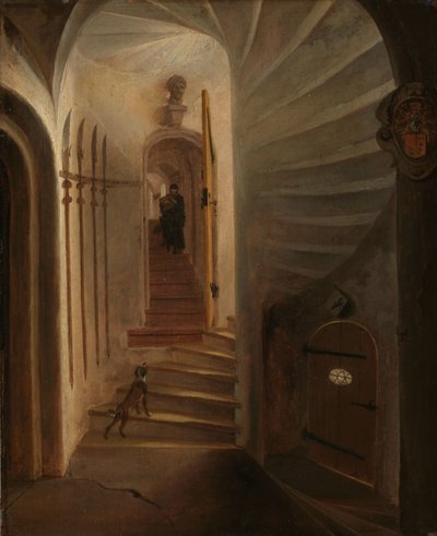 Portal af et trappetårn, med en mand, der går ned ad trappen: formentlig øjeblikket før mordet på Vilhelm den Tavse i Prinsenhof, Delft af Egbert Lievensz. van der Poel (attributed to)
