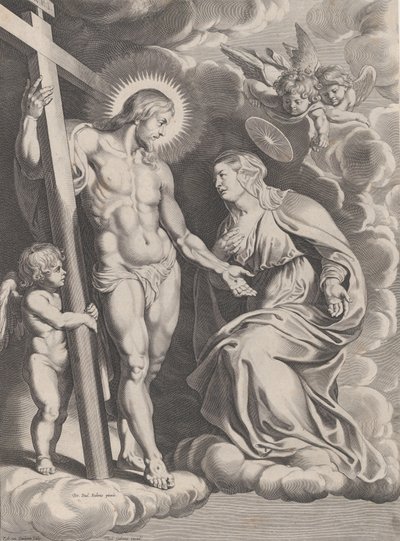 Jomfruens forbøn, knælende på en sky lige foran Kristus, står ..., ca. 1610-37. af Egbert van Panderen
