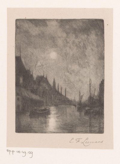 Udsigt over floden i en by om natten af Egide François Leemans (signed by artist)