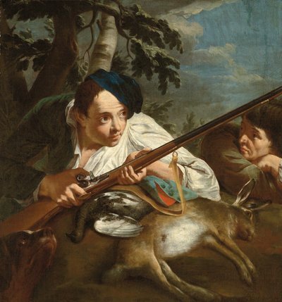 Jægere hviler med dødt vildt i et skovlandskab, ca. 1705-84 (olie på lærred) af Egidio (attr.to) Dall