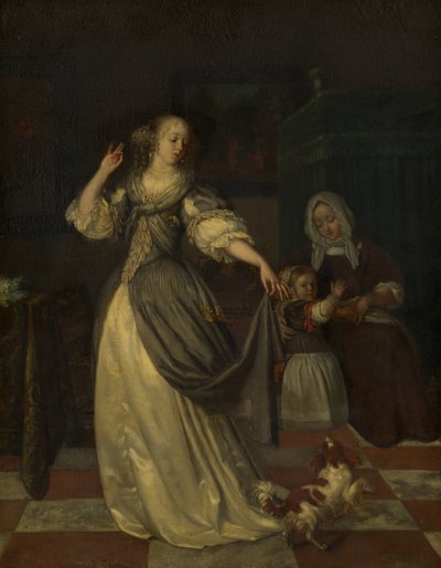 En dame leger med en hund af Eglon van der Neer