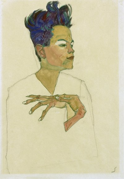 Selvportræt med hænderne på brystet. (Selvportræt med hænderne på brystet). Værk af Egon Schiele (1890-1918), akvarel og kridt på papir af Egon Schiele