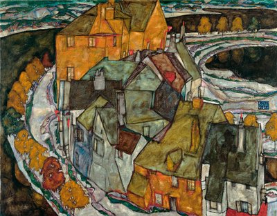 Halvmåne af huse II (ø-by) - Maleri af Egon Schiele (1890-1918), olie på lærred af Egon Schiele