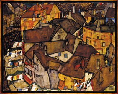 Croissant de maisons, Krumau (actuelle Cesky Krumlov, Tchecoslovaquie) - Halvmåne af huse, Krumau (Den lille by V), af Schiele, Egon (1890-1918). Olie på lærred af Egon Schiele