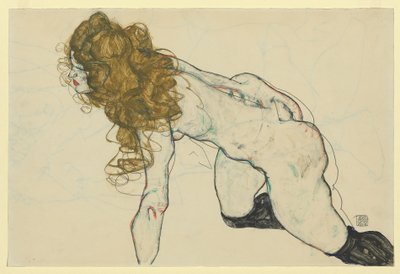 Krøjende nøgen kvinde med blond hår og hvilende venstre arm (recto) af Egon Schiele