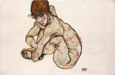 Krøjende nøgen pige - Schiele, Egon (1890-1918) - 1914 - Sort kridt, Gouache på papir - 31,5x48,2 - Leopold Museum, Wien af Egon Schiele