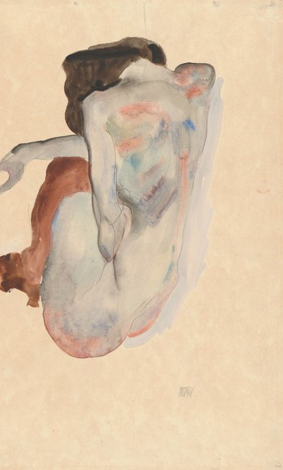 Krøjende nøgen i sko og sorte strømper, set bagfra, 1912. af Egon Schiele