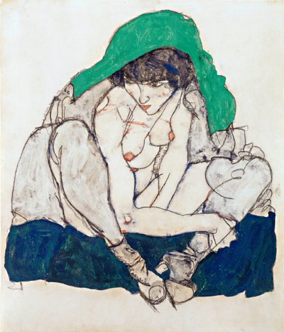 Krøjende kvinde med grønt tørklæde - Schiele, Egon (1890-1918) - 1914 - Sort kridt, Gouache på papir - 47x31 - Leopold Museum, Wien af Egon Schiele