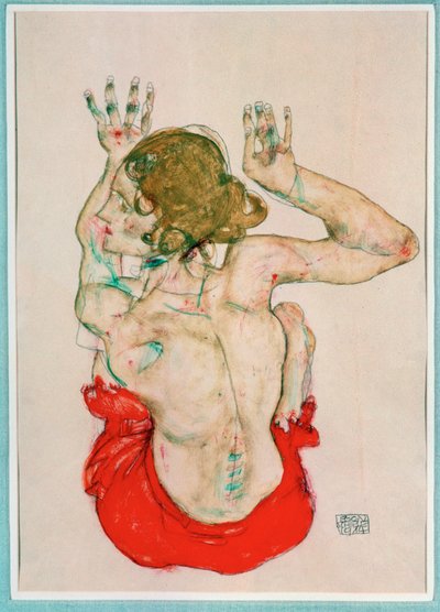 Kvindeakt siddende på rødt draperi, set bagfra (gouache, akvarel og blyant) af Egon Schiele