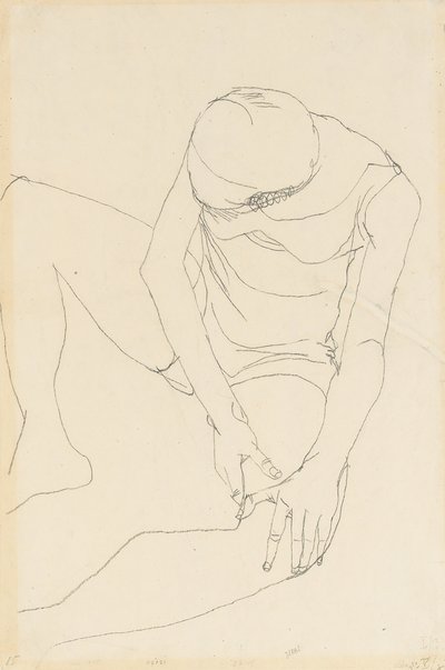 Nøgen kvinde bøjet frem, begge hænder på venstre lår, 1913 af Egon Schiele