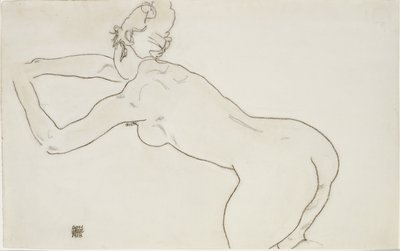 Nøgen kvinde knæler og bøjer sig frem til venstre, 1918 af Egon Schiele