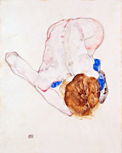 Nøgen kvinde i blå strømper, lænet frem - Gouache på papir af Egon Schiele (1890-1918) af Egon Schiele