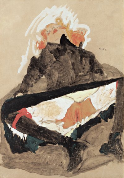 Pige i sort kjole med spredte ben, 1910 af Egon Schiele