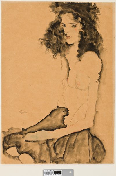 Pige med sort hår, 1911 (wc og grafitblyant på papir) af Egon Schiele