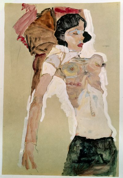 Halvnøgen kvinde. Tegning af Egon Schiele (1890-1918), 1911 Blyant og akvarel på papir. Mål: 45,9 x 31,1 cm. Wien, Graphische Sammlung Albertina af Egon Schiele