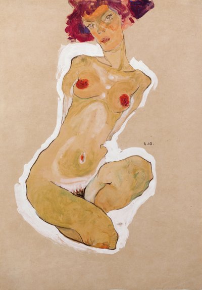 Hugsiddende kvindelig nøgenfigur af Egon Schiele