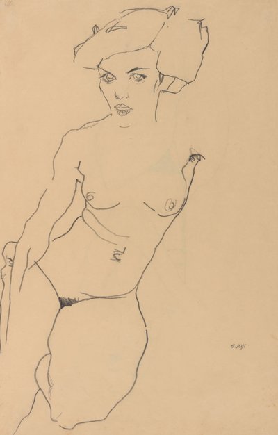 Knælende kvindelig nøgenfigur af Egon Schiele