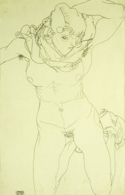 Knælende nøgen forfra; Knælende nøgen forfra, 1914 af Egon Schiele