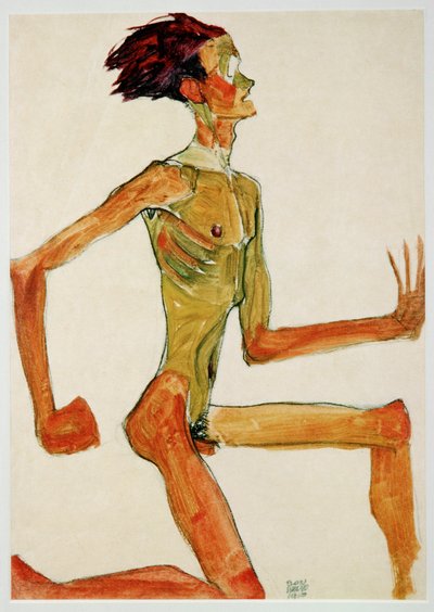 Knælende mandlig nøgen, i profil mod højre (gouache, akvarel og sort farvekridt) af Egon Schiele