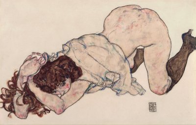 Knælende pige, støttet på begge albuer af Egon Schiele
