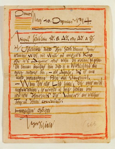 Kunstnerisk udformet brev fra Egon Schiele til søstrene Edith og Adele Harms dateret 10 ... (blæk, farvekridt) af Egon Schiele