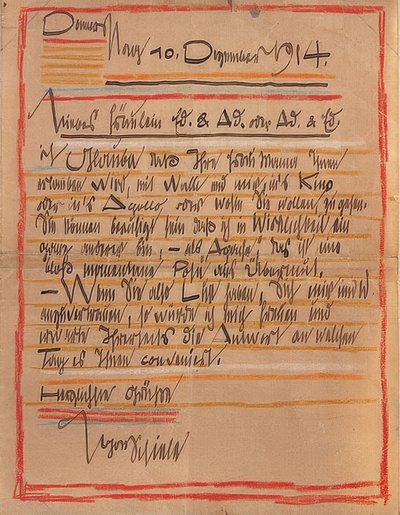 Kunstnerisk udformet brev fra Egon Schiele til søstrene Edith og Adele Harms dateret 10. december 1914 af Egon Schiele