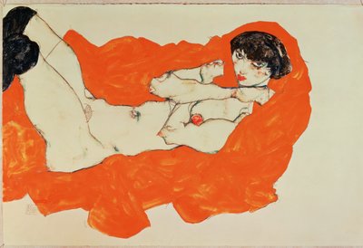 Liggende kvindelig nøgen på rødt klæde - Liggende ... (gouache og sort farveblyant) af Egon Schiele