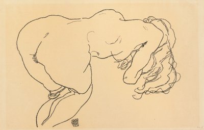 Langhåret nøgen, fremadlænet, set bagfra; Langhaariger Akt, vornubergebeugt, Ruckenansicht, 1918 af Egon Schiele