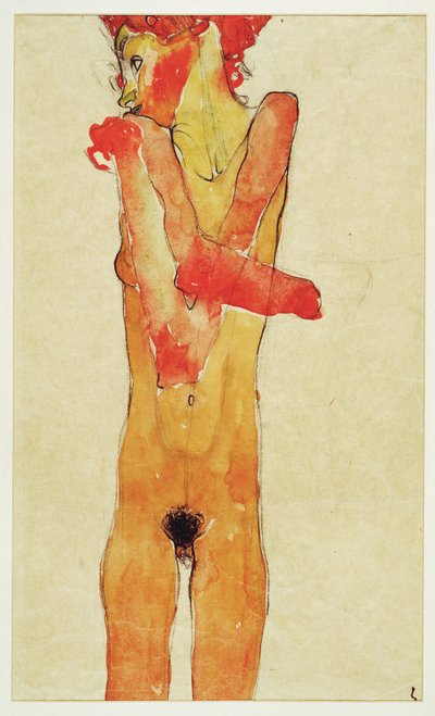 Maedchenakt mit verschraenkten Armen (nøgen pige med ... (akvarel og trækul) af Egon Schiele