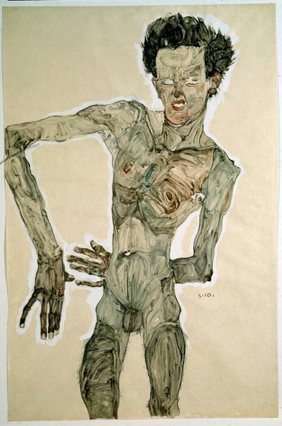 Mandlig nøgen (selvportræt). Tegning af Egon Schiele (1890-1918), 1910. Blyant, akvarel og tempera på papir. Dim: 55,7x36,8cm. Wien, Graphische Sammlung Albertina af Egon Schiele