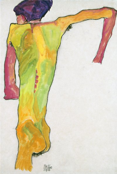 Nøgen mand, støtter sig op - Schiele, Egon (1890-1918) - 1910 - Gouache på papir - 44,7x30,2 - Leopold Museum, Wien af Egon Schiele