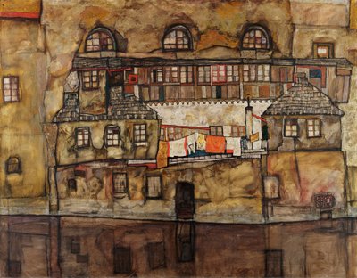 Mur af huse ved floden - Maleri af Egon Schiele (1890-1918), olie på lærred af Egon Schiele