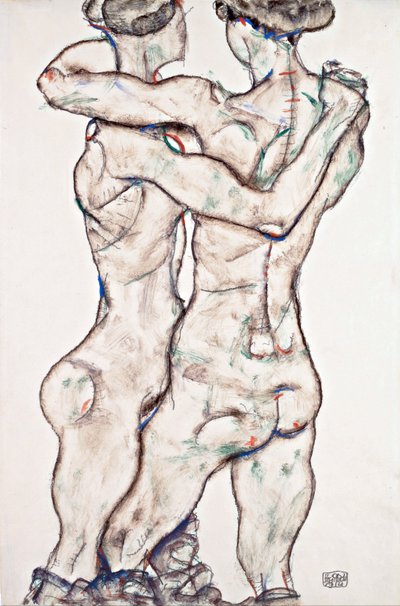 Nøgne piger omfavner - Schiele, Egon (1890-1918) - 1914 - Sort kridt, Gouache på papir - 48x31,2 - Leopold Museum, Wien af Egon Schiele