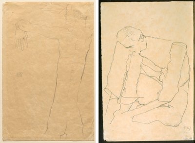 Nøgen mand med løftede arme (recto) Siddende mand (verso) af Egon Schiele