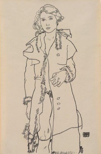 Nøgen med pels trimmet frakke; Nøgen pige med pelsklippet frakke, 1917 af Egon Schiele