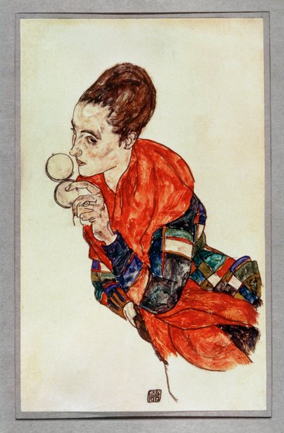 Portræt af skuespillerinden Marga Boerner med pudderdåse ... (gouache og sort farveblyant) af Egon Schiele