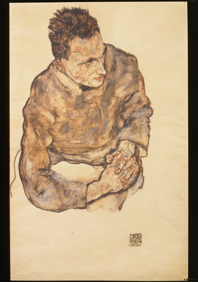Portræt af Karl Grünwald med knyttede hænder ... (akvarel og sort farvekridt) af Egon Schiele