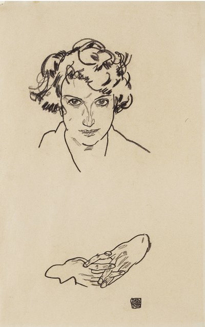 Portrait of a Girl, 1917 (sort farveblyant på vævet papir) af Egon Schiele