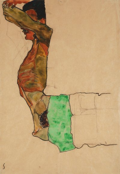 Liggende nøgen mand med grøn klud af Egon Schiele