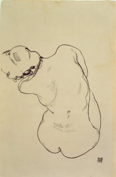 Liggende nøgen - set bagfra, 1918 (sort farveblyant på papir) af Egon Schiele