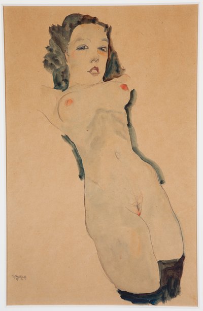 Liggende nøgen med sorte strømper; Liggende nøgen med sorte strømper, 1911 af Egon Schiele
