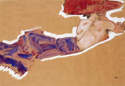 Liggende halvnøgen med rød hat, 1910 af Egon Schiele