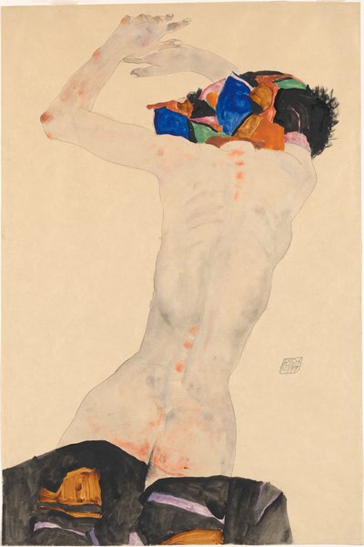 Rückenakt mit buntem Tuch Nude bagfra med en farvet klud, 1911. af Egon Schiele