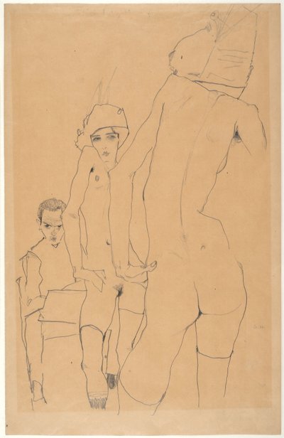 Schiele med nøgenmodel før spejlet, 1910 af Egon Schiele