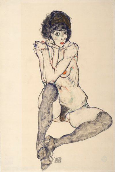 Siddende nøgen kvinde, albuer hvilende på højre knæ, 1914. af Egon Schiele